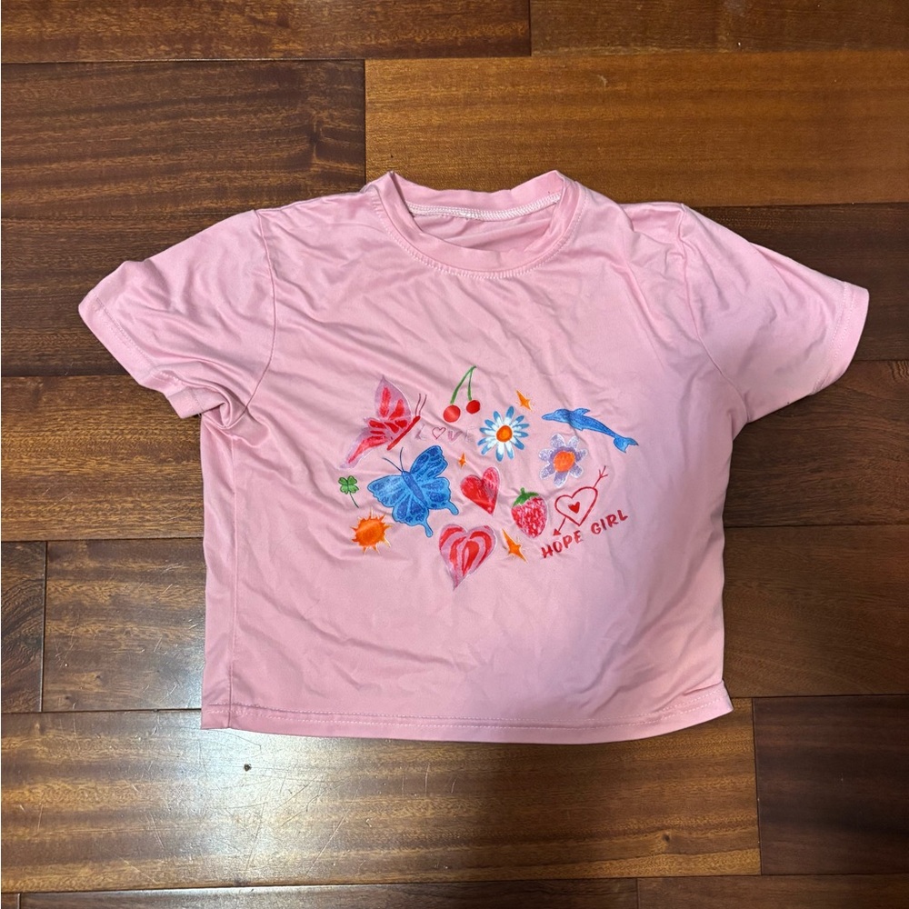 Pink T-Shirt with Butterfly and Flower Print